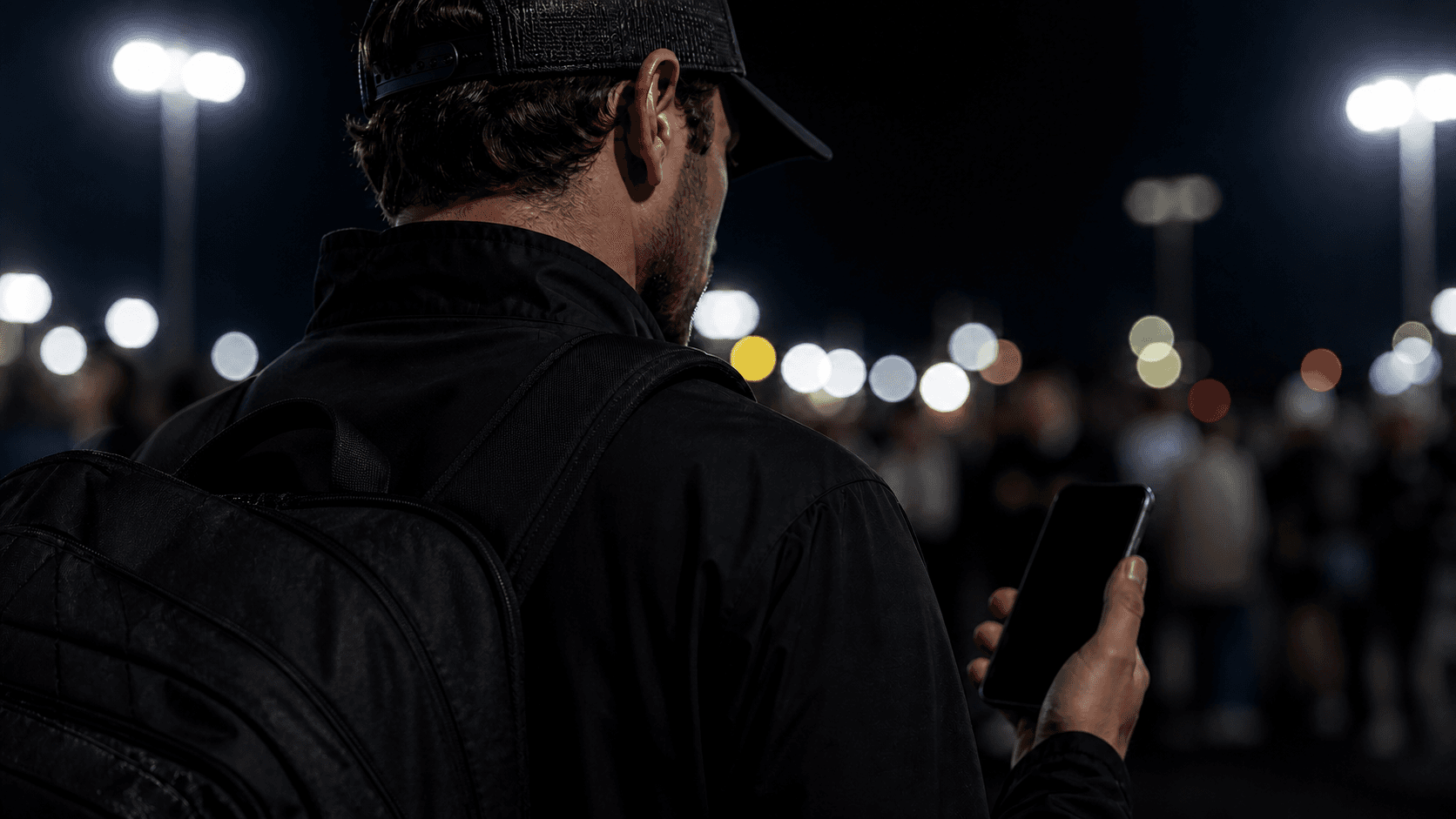 A player checks his phone while walking through a night tournament.
